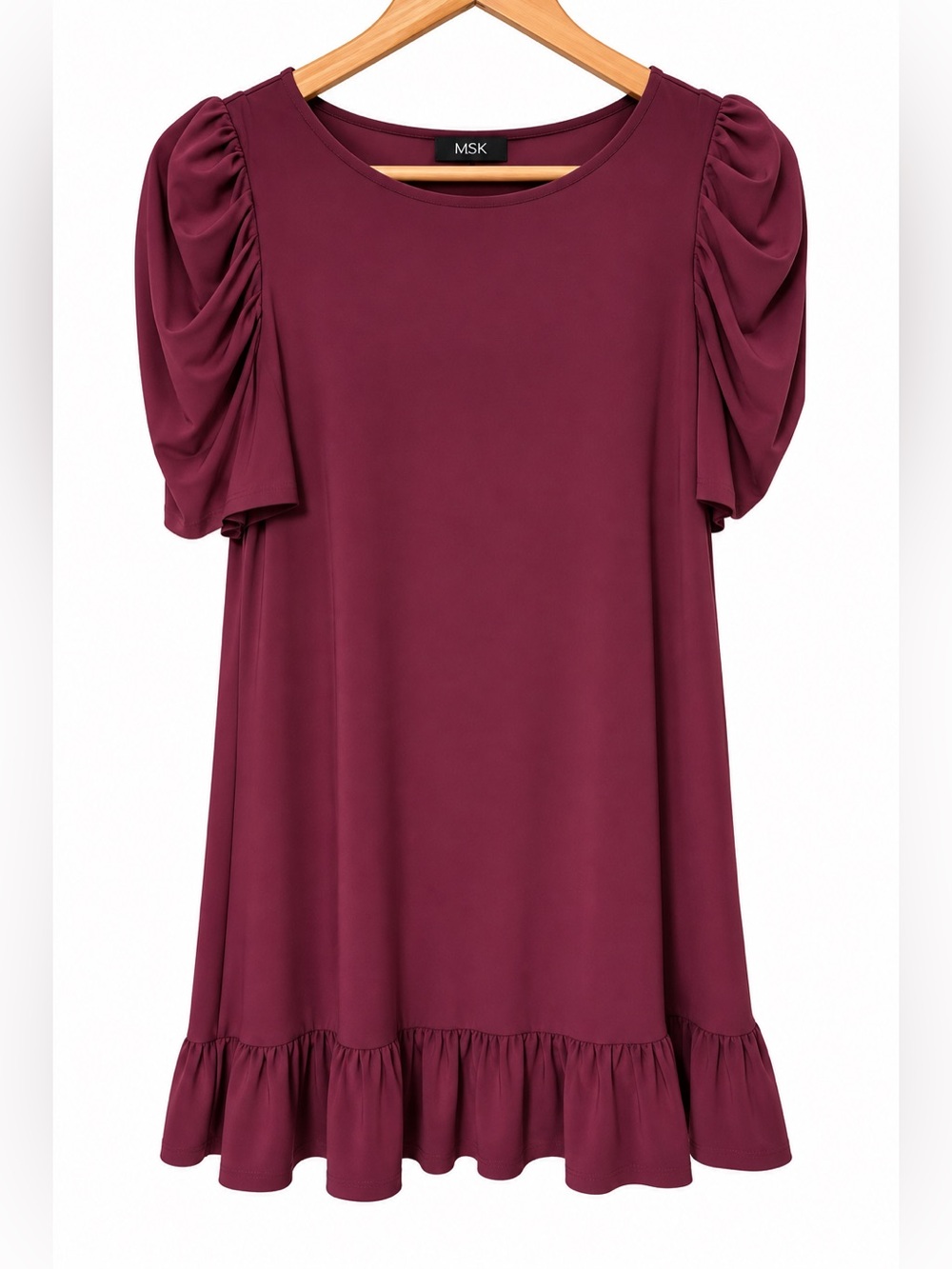 MSK Burgundy Puff-Sleeve Ruffle-Hem Tunic dress